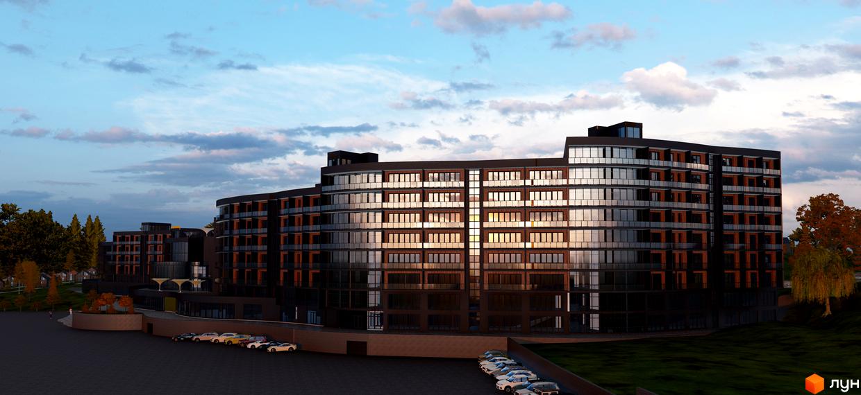 Апарт-комплекс PHOENIX MEDICAL RESORT з панорамними вікнами та балконами, розташований біля зеленої зони з деревами та парковкою.