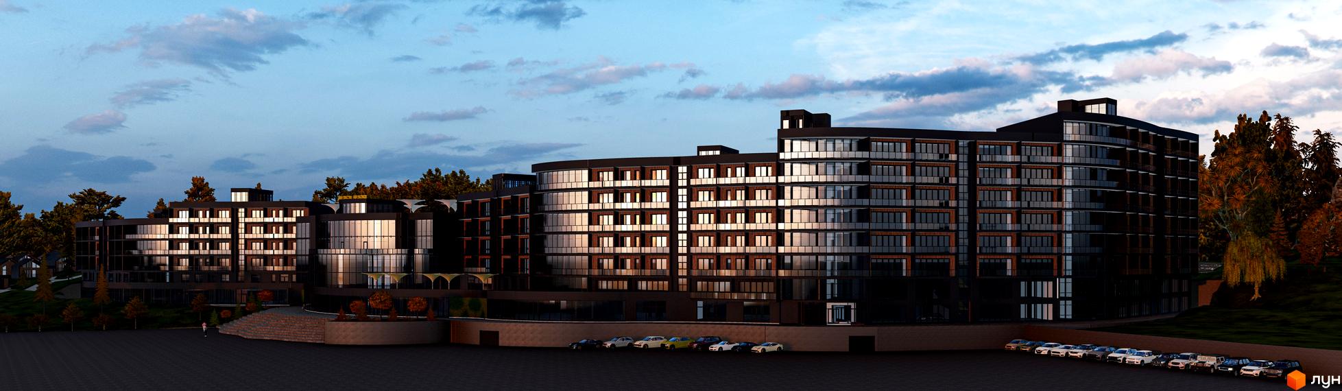 Апарт-комплекс PHOENIX MEDICAL RESORT з панорамним склінням та балконами, оточений деревами та парковкою з автомобілями.