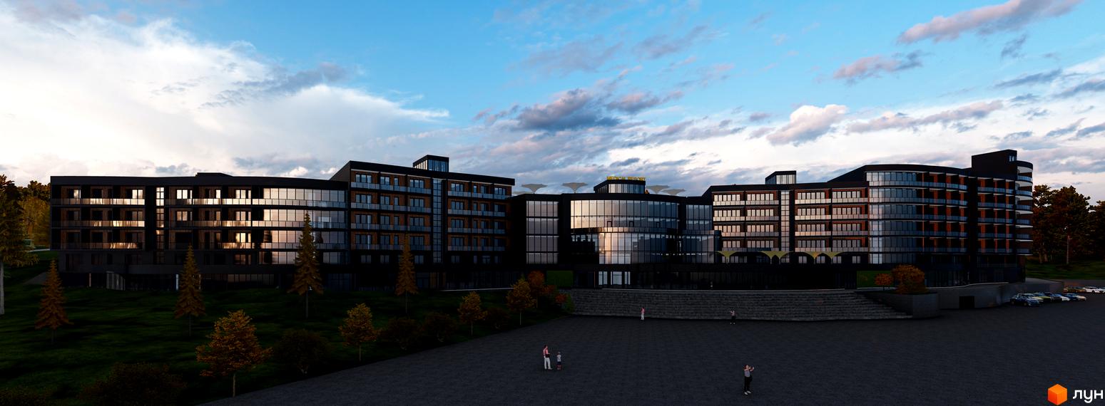 Апарт-комплекс PHOENIX MEDICAL RESORT з панорамним склінням та балконами, оточений деревами та парковкою.