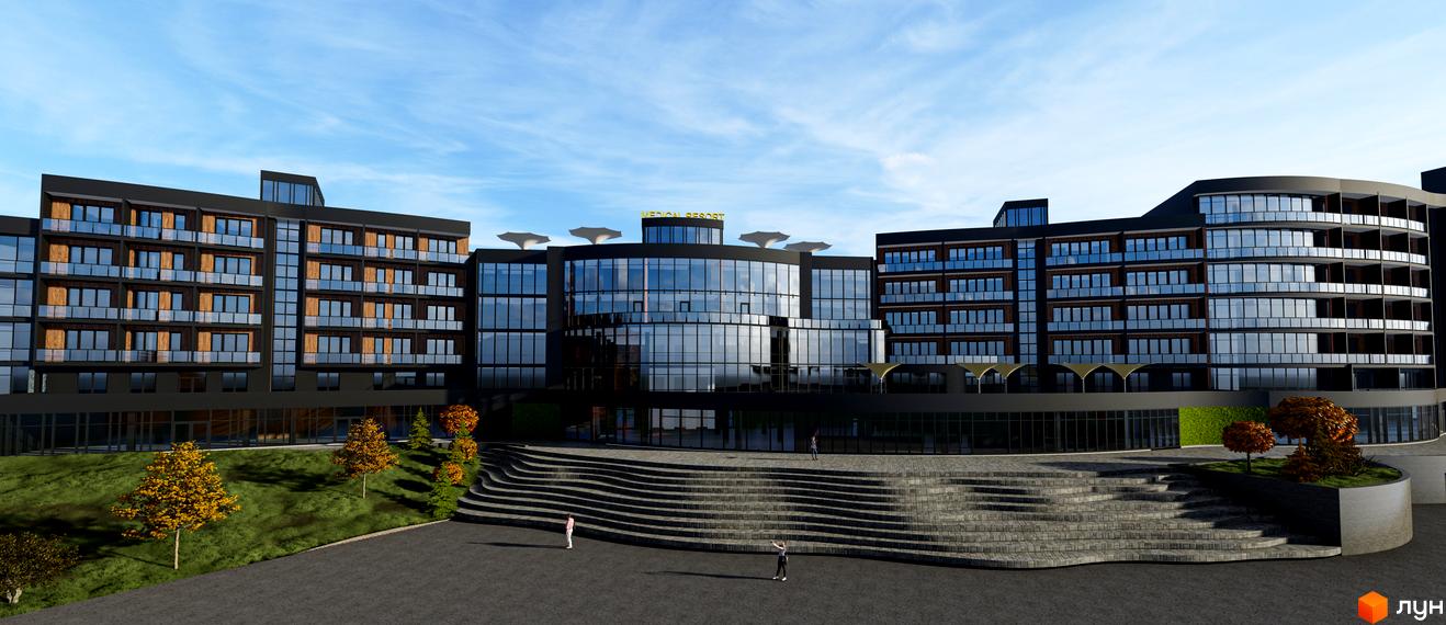 Апарт-комплекс PHOENIX MEDICAL RESORT з панорамними вікнами та балконами, що виходить на сходи та зелену зону.