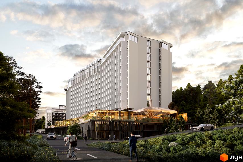 Апарт-комплекс Mountain Residence з багатою зеленою прибудинковою територією та дорогою з автомобілями та пішоходами.