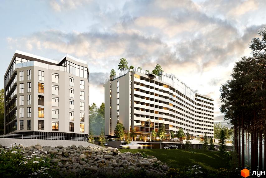 Апарт-комплекс Mountain Residence з білими фасадами та великою кількістю вікон, оточений деревами. Навколо комплексу облаштована прибудинкова територія з кам'яним декором та зеленою травою.