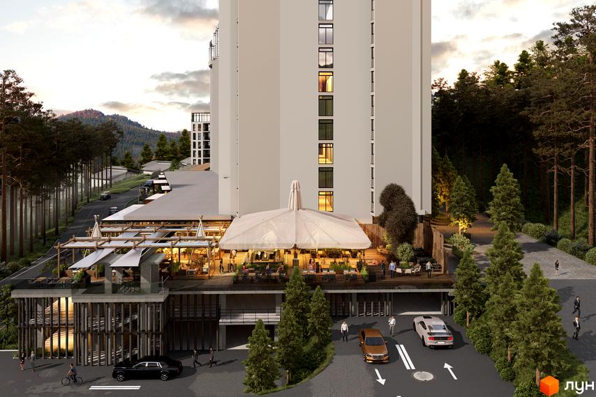 Апарт-комплекс Mountain Residence з терасами та зонами відпочинку біля лісу. Зовнішній вигляд будівлі та прибудинкова територія.