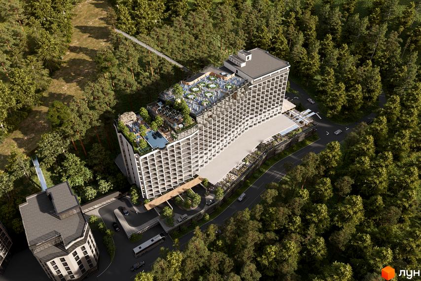 Апарт-комплекс Mountain Residence з багатоповерховою будівлею та терасами, розташований серед дерев. Територія комплексу включає басейн, зони відпочинку та під'їзні шляхи.