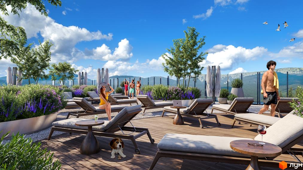 Апарт-комплекс Mountain Residence з зоною відпочинку на даху та панорамним видом на гори. Насолоджуйтесь відпочинком біля басейну серед зелені та квітів.