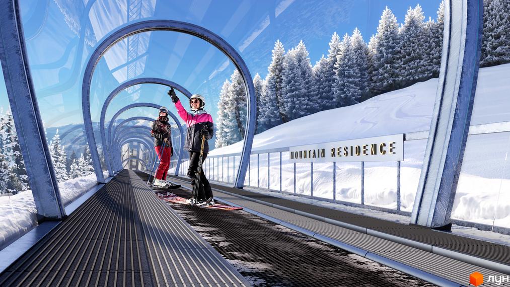 Апарт-комплекс Mountain Residence з футуристичним скляним тунелем та лижниками на фоні засніжених гір та ялинок.