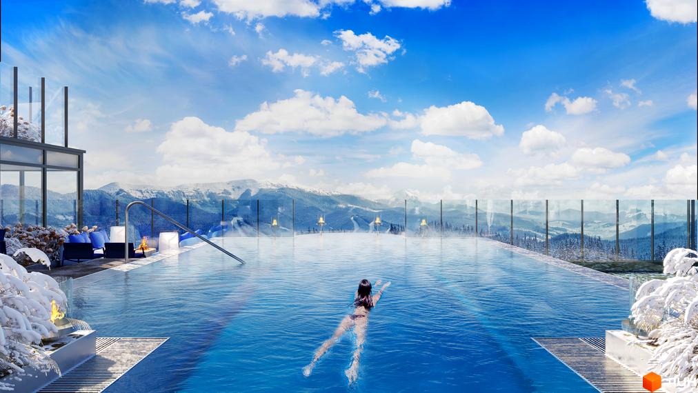 Mountain Residence: відкритий басейн з видом на засніжені гори. Навколо басейну розташовані зони відпочинку з камінами та зручними меблями.
