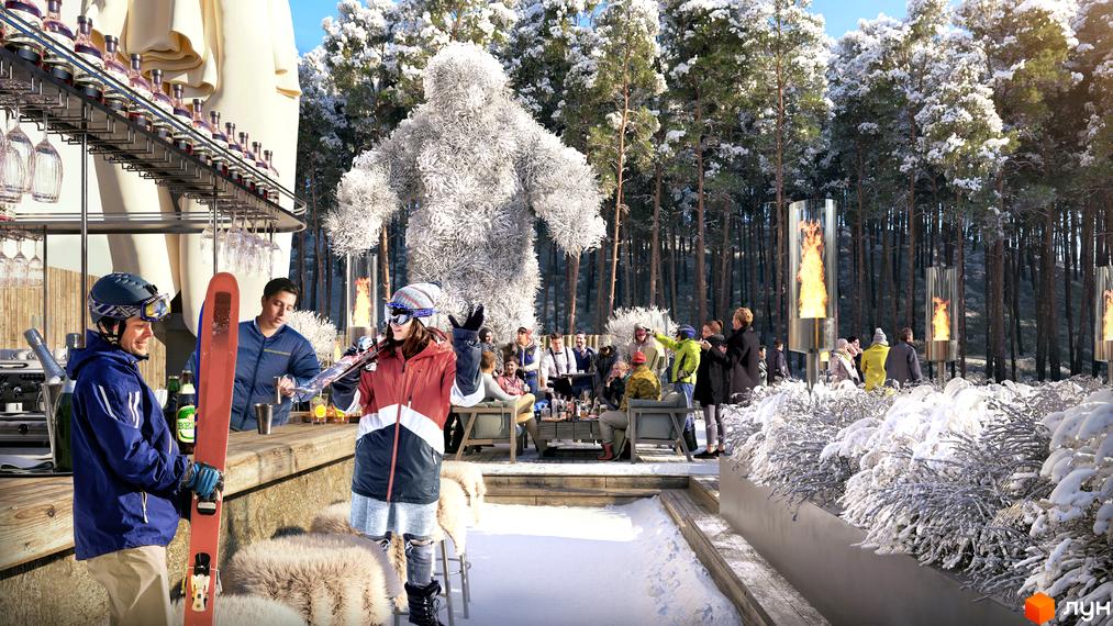 Апарт-комплекс Mountain Residence біля лісу з людьми біля бару та біля вогнищ. Навколо багато снігу та дерев.