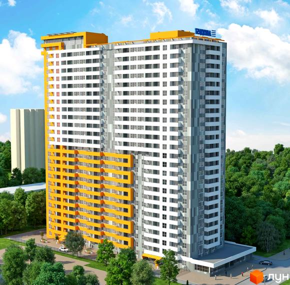 Житловий комплекс Мандарин - висотна новобудова з яскравими жовтими елементами фасаду та сірими вставками. Навколо зелена зона з деревами та доглянутою прибудинковою територією.