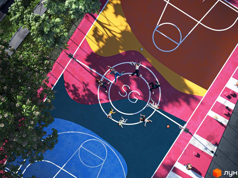 Житловий комплекс SKYGARDEN з яскравим баскетбольним майданчиком та зоною відпочинку для мешканців. На території комплексу розташовані зелені зони та місця для активного дозвілля.