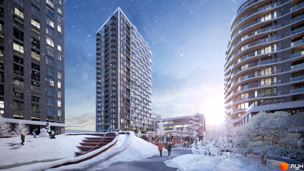 Житловий комплекс Creator City взимку. Сучасні багатоповерхові будинки з панорамними вікнами та балконами. Прибудинкова територія з деревами та місцями для відпочинку.
