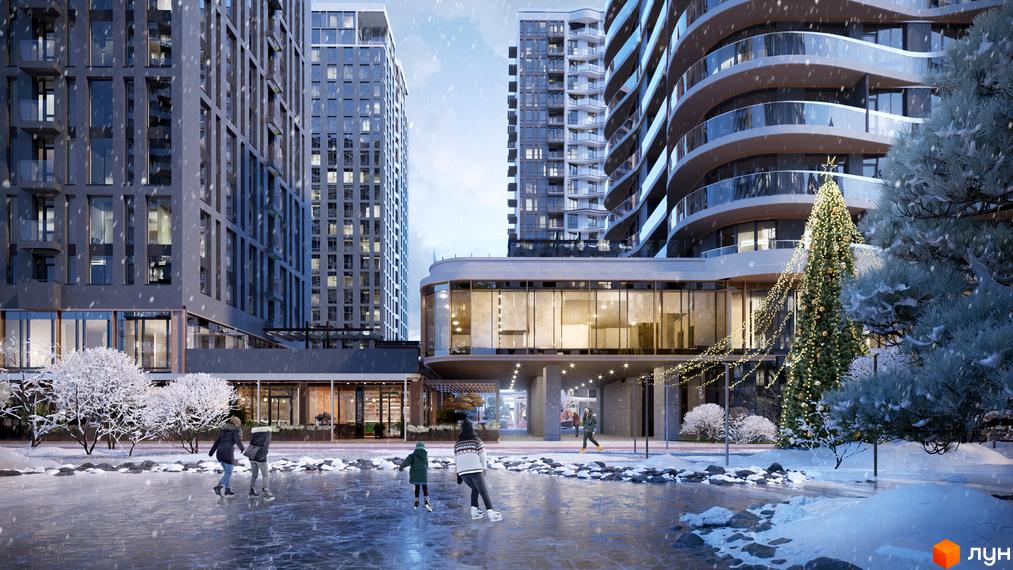 Житловий комплекс Creator City взимку. Люди катаються на ковзанах біля новобудов, прикрашених різдвяною ялинкою та гірляндами.