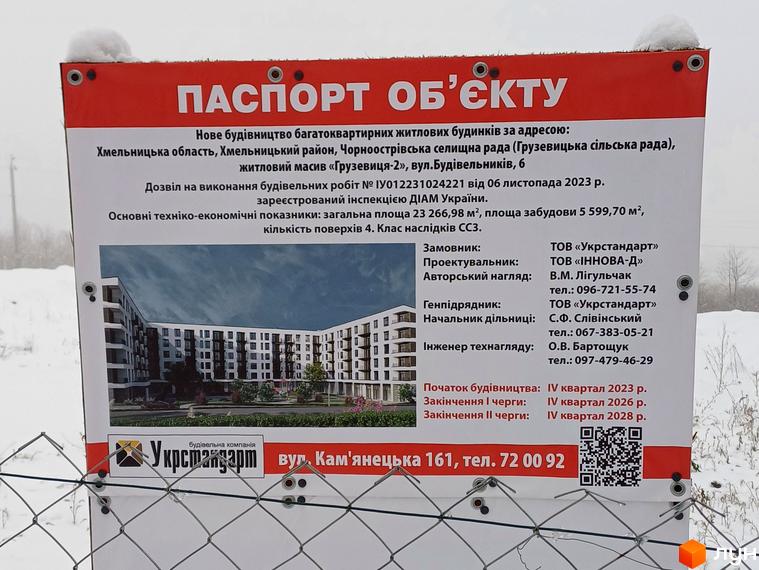 Багатоповерховий житловий комплекс на вулиці Будівельників, 6, з фасадом біло-сірого кольору та балконами. Перед будинком розташований зелений двір з деревами та лавками.