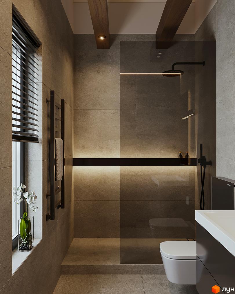 Інтер'єр ванної кімнати з душовою кабіною, туалетом та вікном. Сіра плитка на стінах, чорні деталі та підсвічування.