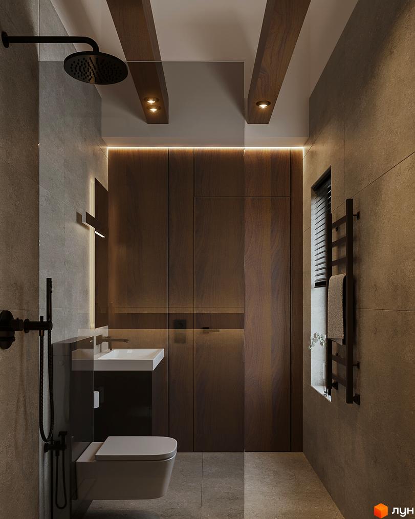 Сучасний дизайн ванної кімнати в таунхаусі Green Rest з душовою кабіною, підвісним унітазом та дерев'яними панелями.