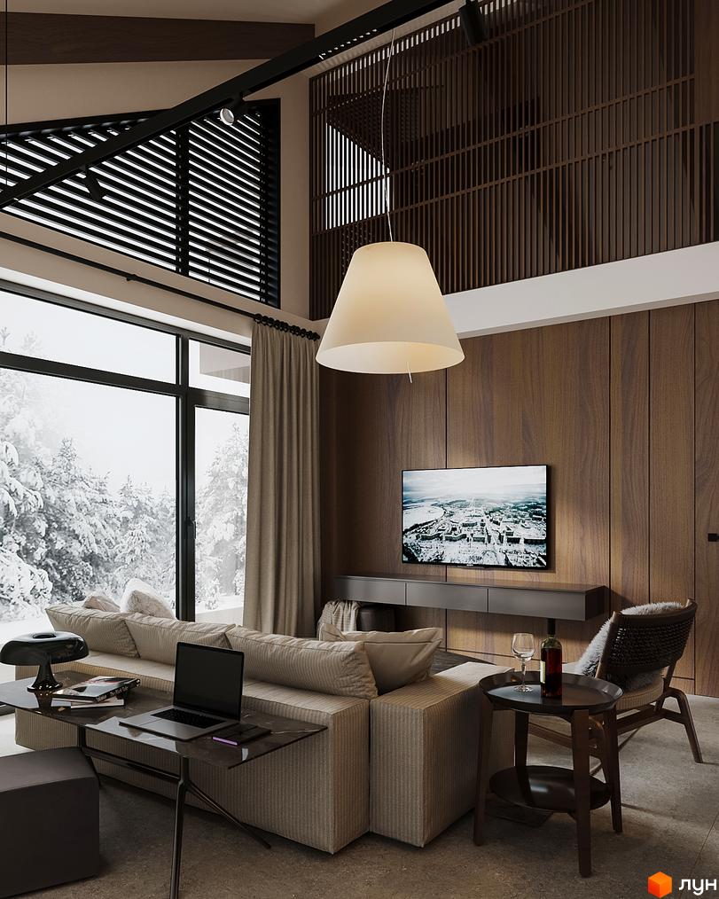 Інтер'єр вітальні в житловому комплексі Green Rest з великими вікнами та видом на зимовий ліс. Сучасний дизайн з дерев'яними панелями та зручними меблями.