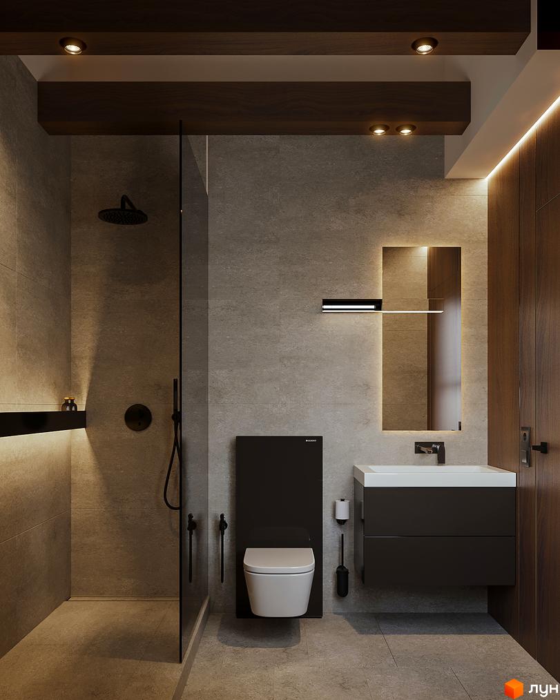 Інтер'єр ванної кімнати в таунхаусі Green Rest. Сіра плитка, чорна сантехніка, підсвічування та дерев'яні елементи.