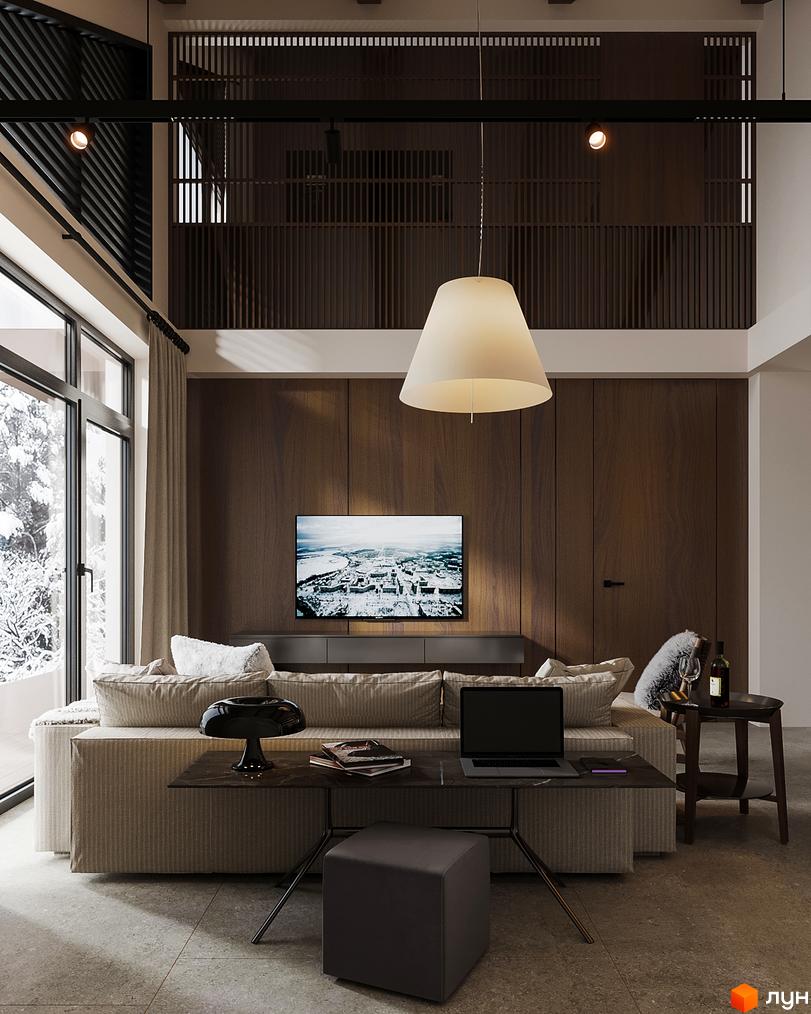 Таунхауси Green Rest - затишна вітальня з каміном та великими вікнами, що виходять на засніжений сад. Сучасний дизайн інтер'єру, меблі та техніка.