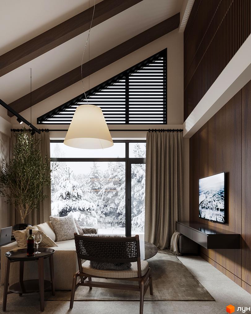 Інтер'єр вітальні в таунхаусі Green Rest з панорамними вікнами та видом на засніжений ліс. Простора кімната з каміном та зручними меблями.