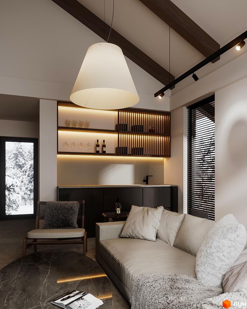 Інтер'єр вітальні в таунхаусі Green Rest. Світла кімната з диваном, журнальним столиком та баром. На задньому плані вікно з видом на засніжений ліс.