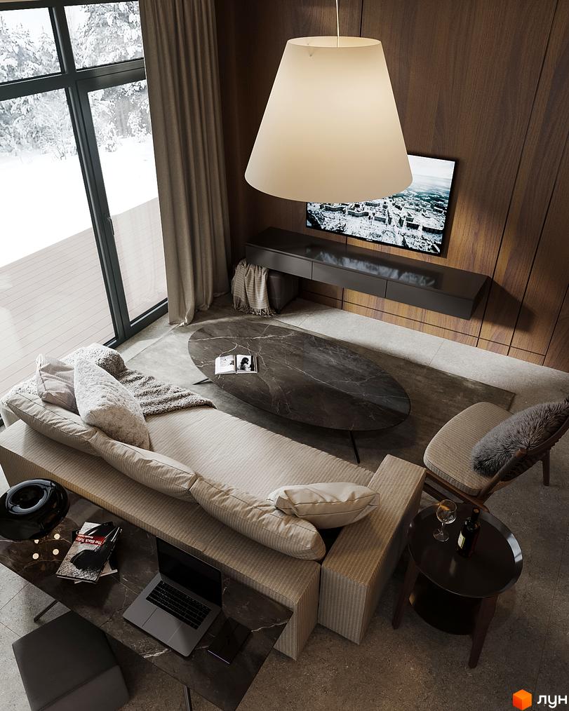 Інтер'єр вітальні в таунхаусі Green Rest: диван, журнальний столик, телевізор, велике вікно з видом на засніжений пейзаж.