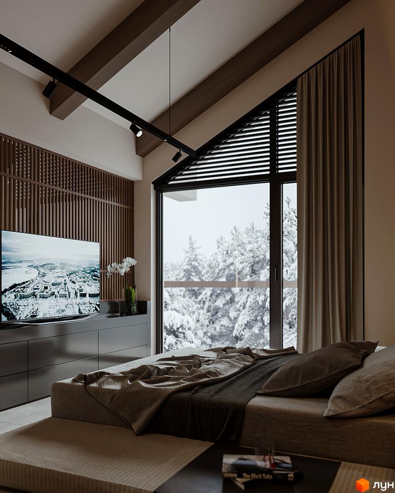 Спальня в таунхаусі Green Rest з панорамним вікном та видом на зимовий ліс. Сучасний дизайн інтер'єру з акцентом на природні матеріали.