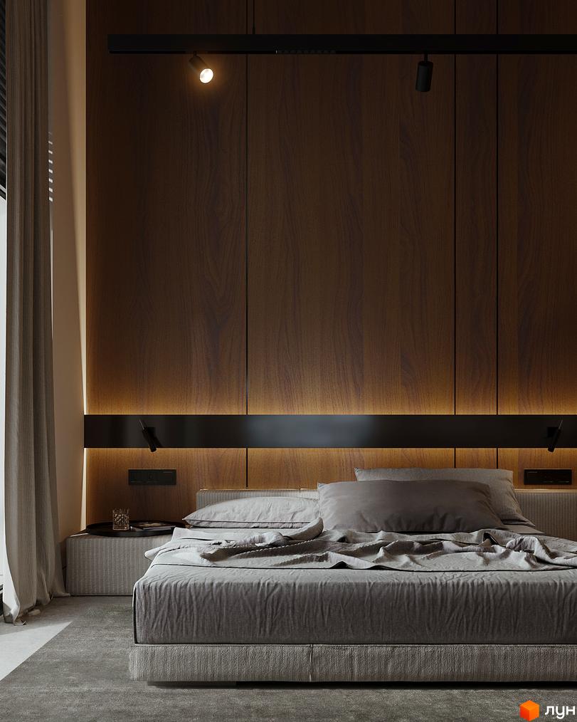 Інтер'єр спальні в житловому комплексі Green Rest з дерев'яною стіною та підсвіткою. Затишна атмосфера для відпочинку та сну.
