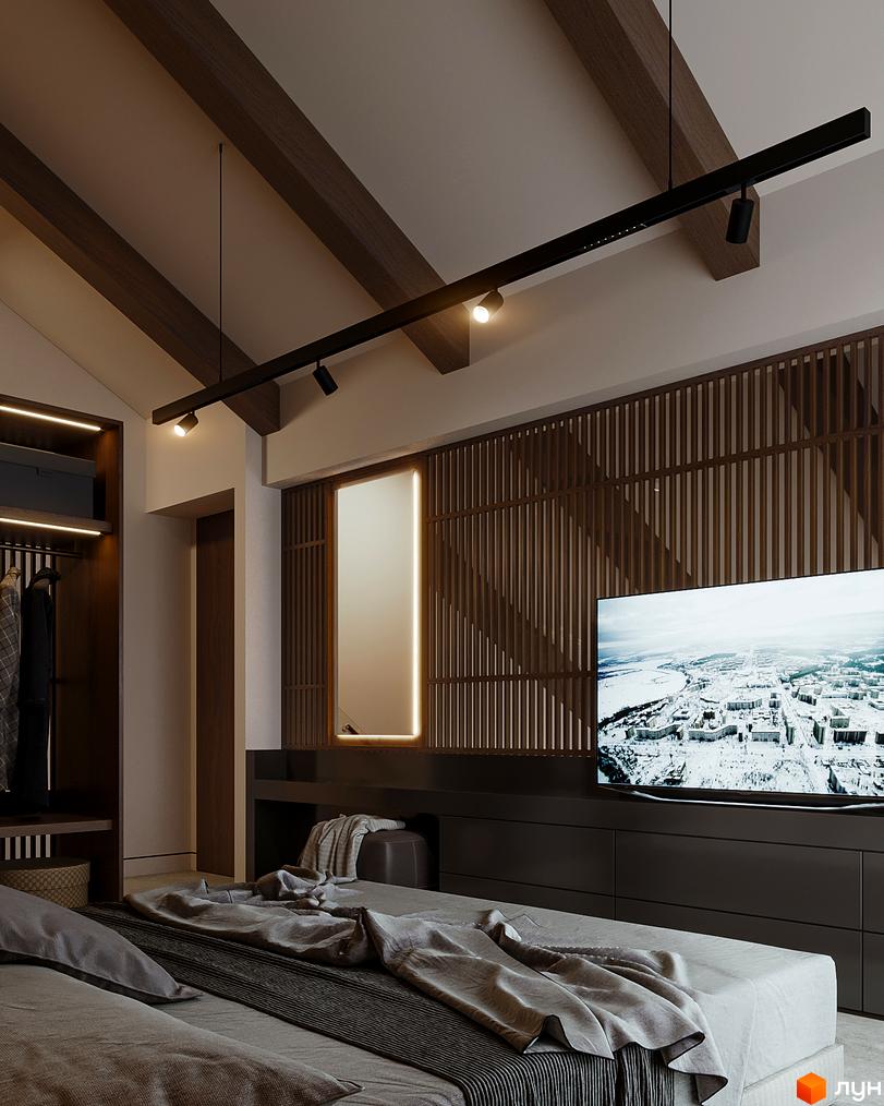 Інтер'єр спальні в таунхаусі Green Rest з великим телевізором та вбудованою шафою. Затишна атмосфера та функціональне планування.