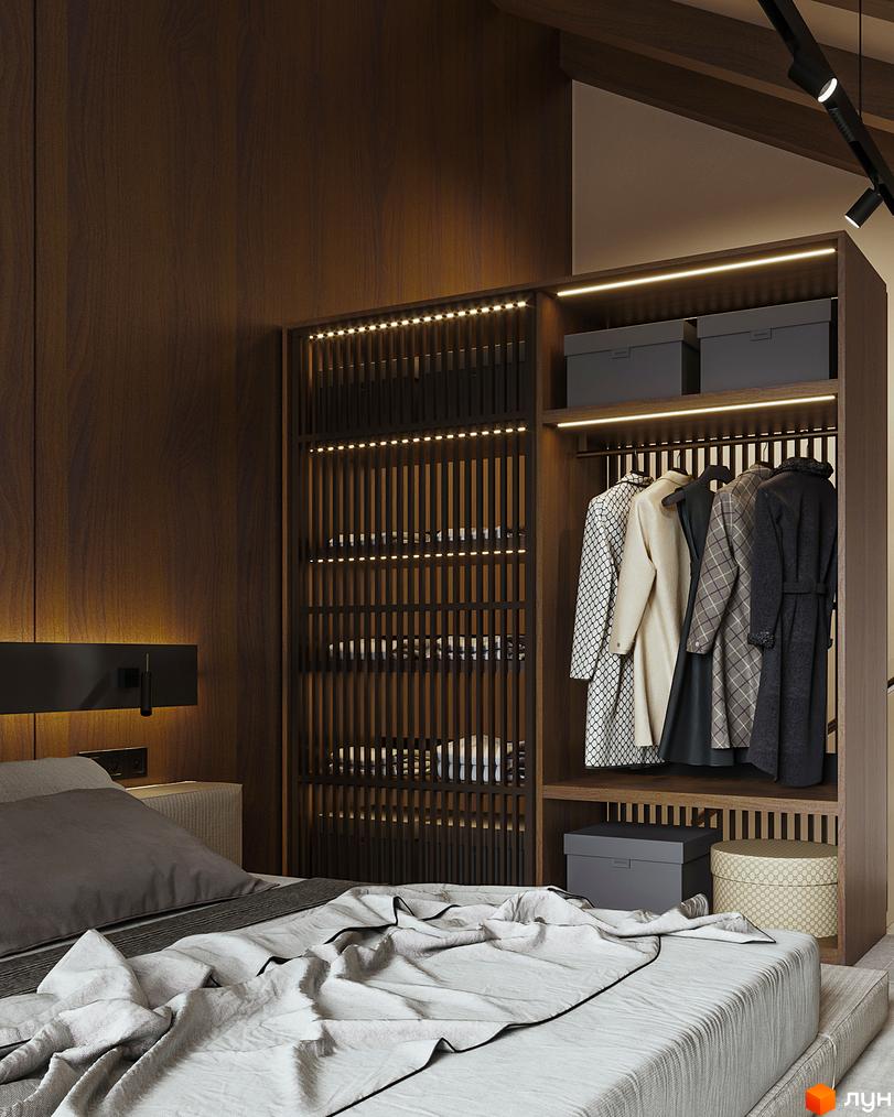 Спальня в стилі мінімалізм з вбудованою шафою та одягом на вішалках. Таунхауси Green Rest.