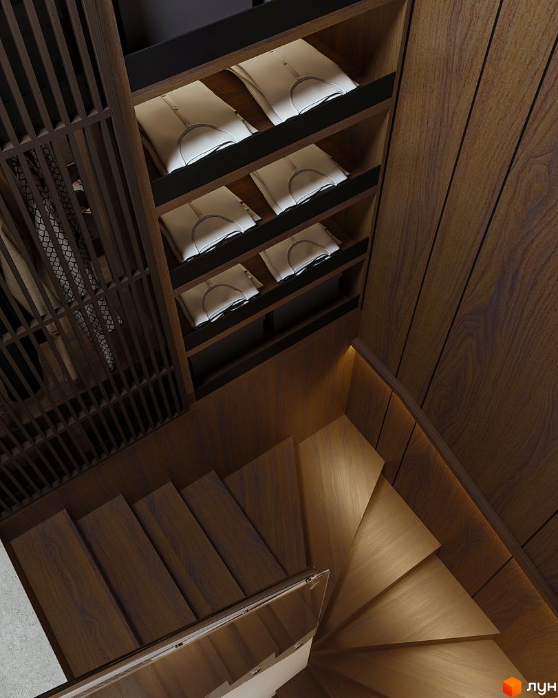 Інтер'єр сходів та шафи з одягом у таунхаусі Green Rest. Дерев'яні сходи, шафа з підсвічуванням для зберігання речей.