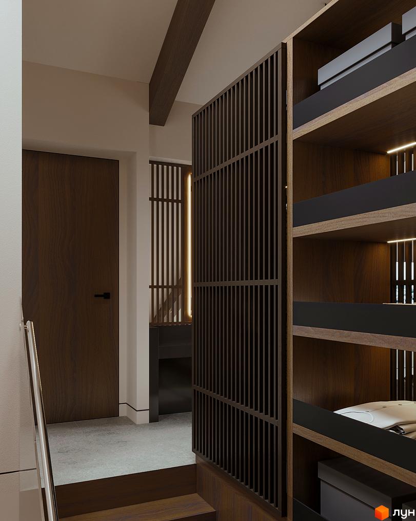Інтер'єр таунхауса Green Rest з дерев'яними елементами та вбудованими шафами. Сучасний дизайн простору з акцентом на функціональність.