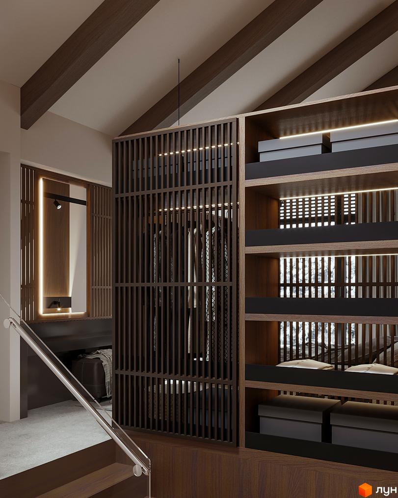 Інтер'єр гардеробної кімнати з дерев'яними рейками та вбудованими шафами в житловому комплексі Green Rest.