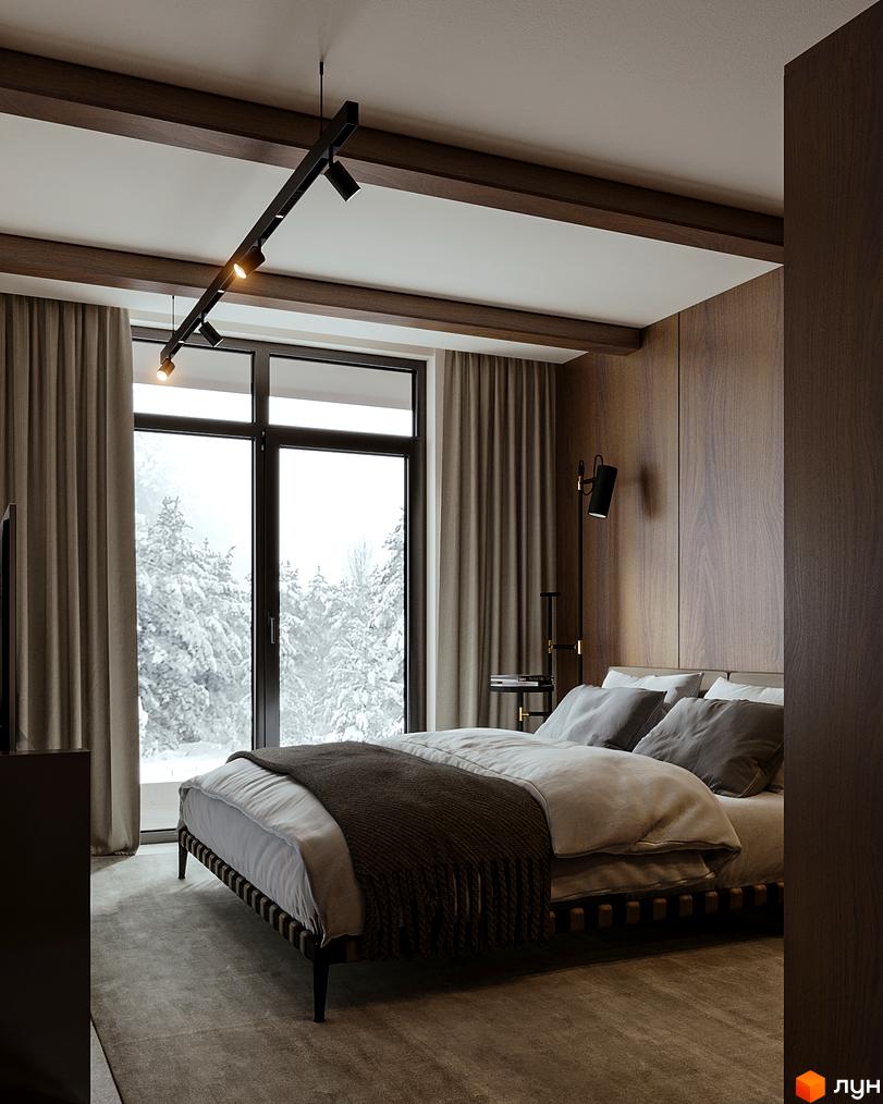 Спальня в таунхаусі Green Rest з панорамним вікном, що виходить на зимовий ліс. Затишна атмосфера кімнати створює відчуття спокою та комфорту.