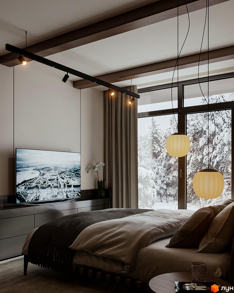 Спальня в будинку Таунхауси Green Rest з панорамними вікнами та видом на зимовий ліс. Сучасний дизайн інтер'єру з акцентом на комфорт та затишок.