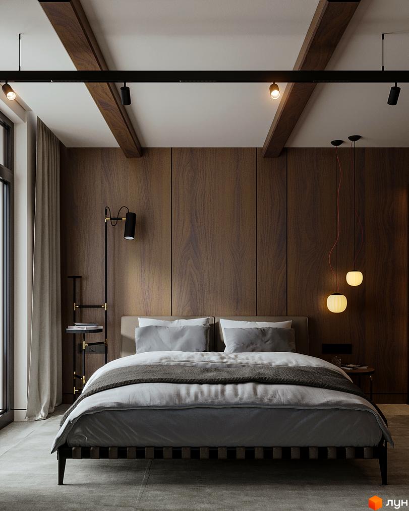 Інтер'єр спальні з дерев'яними панелями на стінах, ліжком та приліжковими тумбочками. На стелі розташовані світильники.