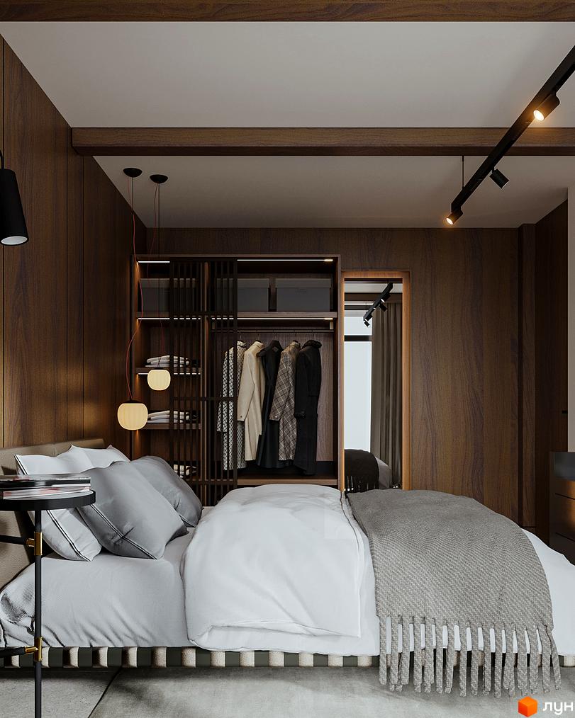 Спальня в таунхаусі Green Rest з великим вікном та вбудованою шафою. Інтер'єр виконаний в темних тонах з дерев'яними елементами.