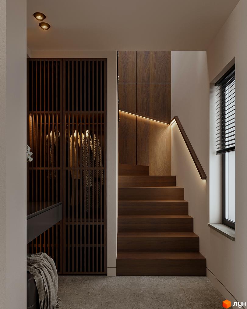 Інтер'єр будинку: дерев'яні сходи, шафа з одягом, вікно з жалюзі. Green Rest – це комфортне житло з продуманим дизайном.