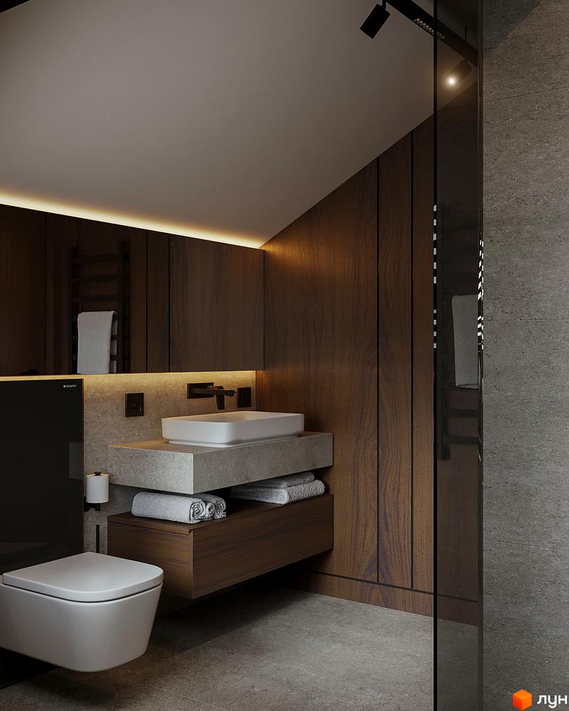 Інтер'єр ванної кімнати з дерев'яними панелями, тумбою з раковиною та дзеркалом. Сіра плитка на підлозі та стінах, скляна перегородка для душу.