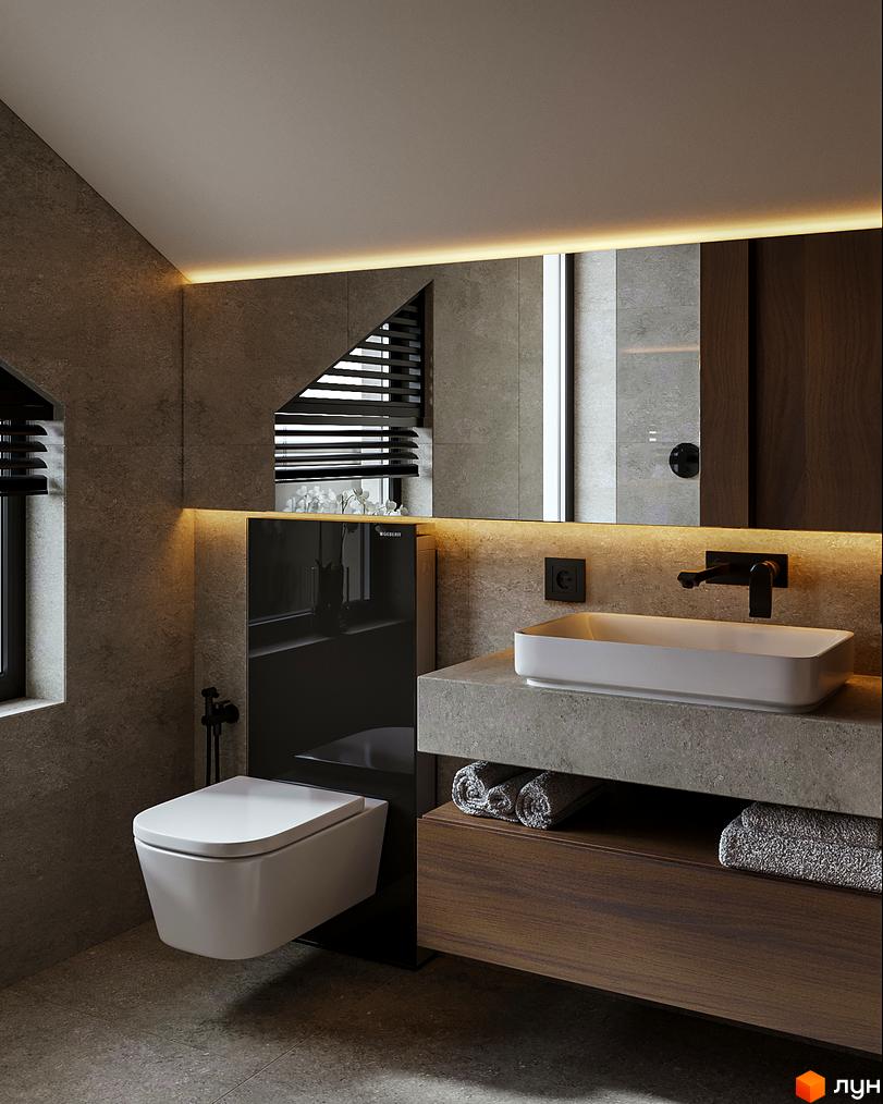 Інтер'єр ванної кімнати з білою сантехнікою та темними дерев'яними елементами. Сіра плитка на стінах та підлозі.