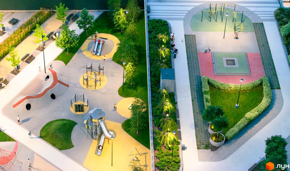 Вид на житловий комплекс Русанівська Гавань з висоти пташиного польоту. На території комплексу розташовані дитячі майданчики та зони відпочинку.