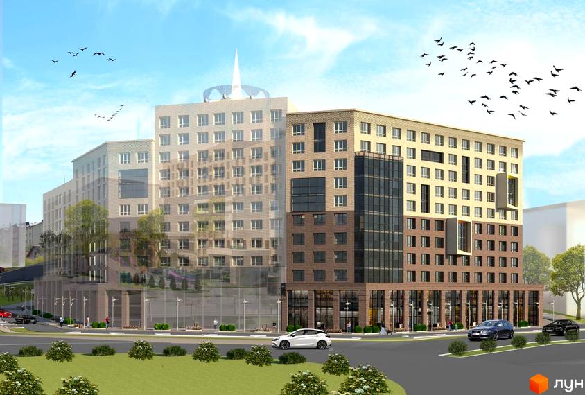 Зовнішній вигляд житлового комплексу Акварелі Проспекту з цегляними фасадами та великими вікнами. Навколо комплексу зелена зона та дорога з автомобілями.