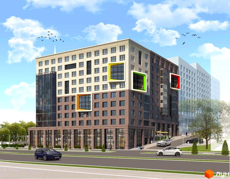 Житловий комплекс Акварелі Проспекту: багатоповерховий будинок зі світлим та коричневим фасадом. Перед ним дорога, автомобілі та зелені насадження.