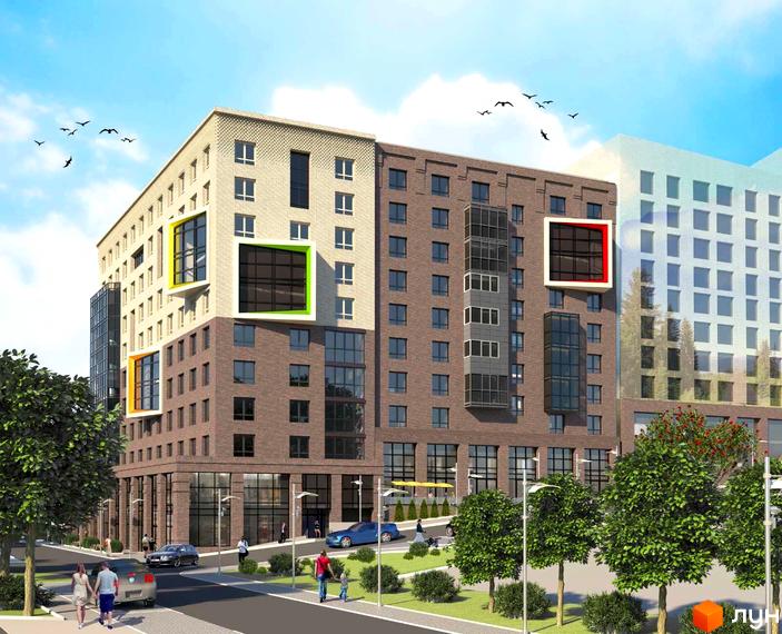 Зовнішній вигляд житлового комплексу Акварелі Проспекту з цегляним фасадом та кольоровими віконними рамами. Навколо комплексу розташовані дерева та дорога з автомобілями.