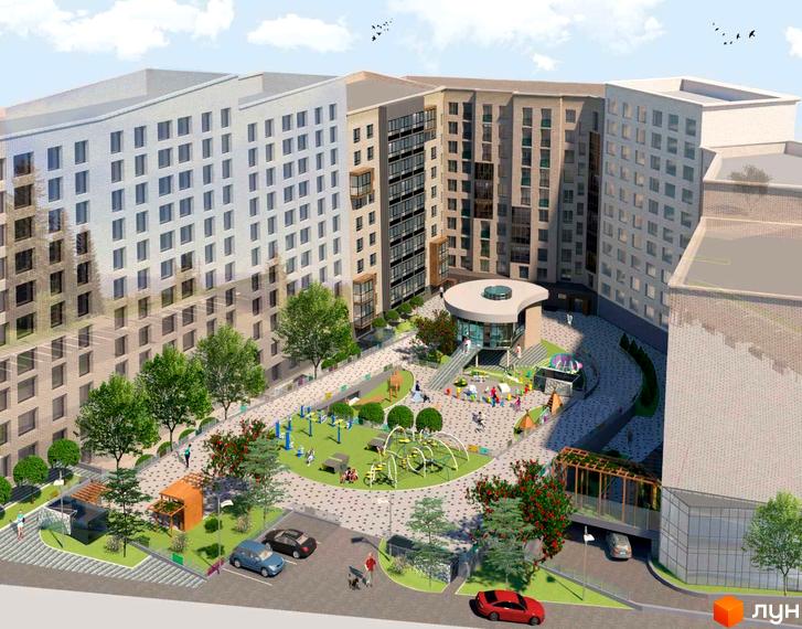 Зовнішній вигляд житлового комплексу Акварелі Проспекту з дитячим майданчиком та зонами відпочинку. Сучасний будівельний проєкт з озелененою територією.