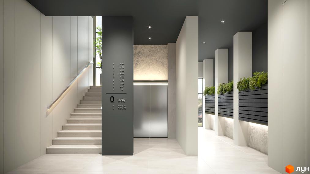 Сучасний хол житлового комплексу N69 Residents з сходами, ліфтом та елементами озеленення. Опис поверхів та паркінгу.