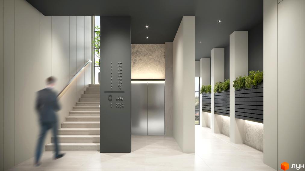 Сучасний інтер'єр лобі житлового комплексу N69 Residents з сходами та ліфтом. Просторий хол з рослинами та освітленням.
