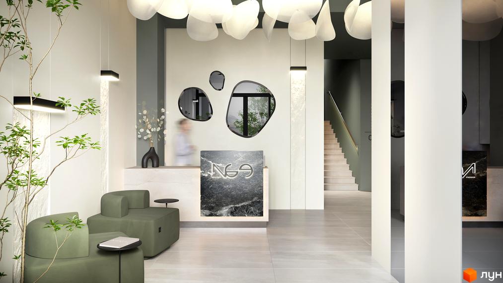 Сучасний інтер'єр лобі житлового комплексу N69 Residents з диванами, рецепцією та сходами. Опис новобудови для просування сайту.