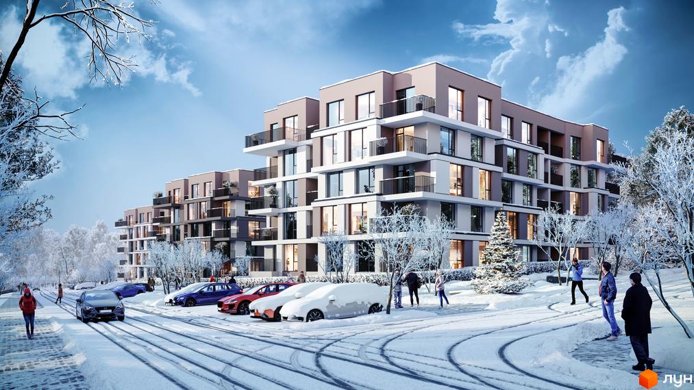 Житловий комплекс Варшавський deluxe взимку з автомобілями та людьми на території. Сучасна архітектура будівель з балконами та великими вікнами.