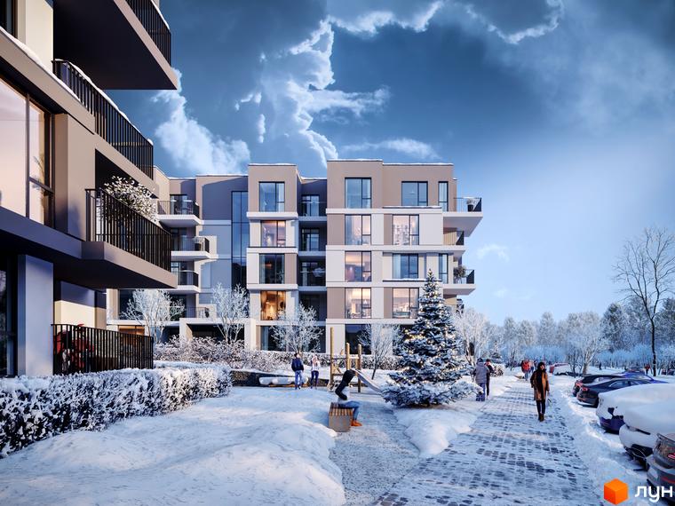 Житловий комплекс Варшавський deluxe взимку з прибудинковою територією та дитячим майданчиком. Зовнішній вигляд будинку з балконами та вікнами.