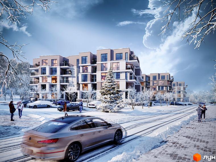 Житловий комплекс Варшавський deluxe у зимовому пейзажі з автомобілями та людьми на фоні багатоповерхових будинків.